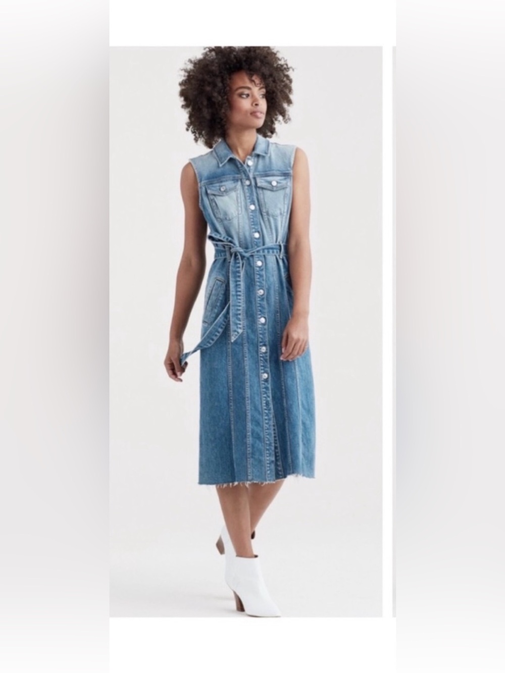7 For All Mankind trucker Sleeveless Denim Midi Dress with Tie Waist
